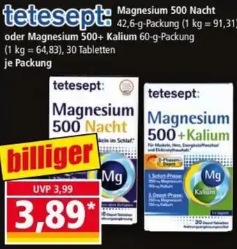 Norma tetesept: Magnesium 500 Nacht 42,6 g oder Magnesium 500+ Kalium 60 g Packung Angebot