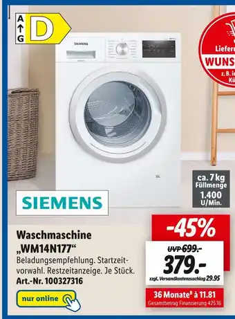 Lidl Siemens waschmaschine „wm14n177“ Angebot