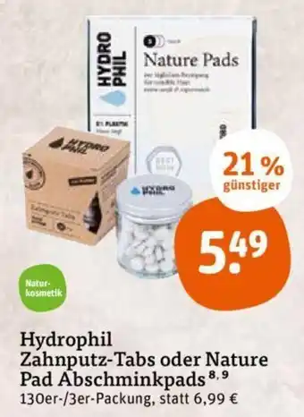 tegut Hydrophil Zahnputz Tabs oder Nature Pad Abschminkpads 130er/3er Packung Angebot