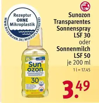 Rossmann Sunozon transparentes sonnenspray lsf 30 oder sonnenmilch lsf 50 Angebot