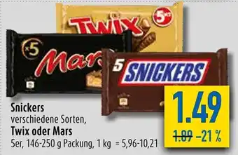 diska Snickers, Twix oder Mars 5er, 146-250 g Packung Angebot