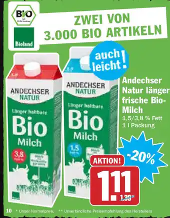 Hit Andechser Natur länger frische Bio-Milch 1L Angebot