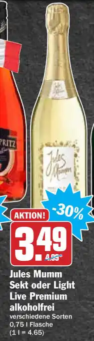 Hit Jules Mumm Sekt oder Light Live Premium alkoholfrei 0,75L Angebot