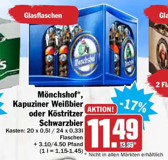 Hit Mönchshof*, Kapuziner Weißbier oder Köstritzer Schwarzbier 20 x 0,5L / 24 x 0,33L Angebot