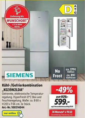 Lidl Siemens Kühl- Gefrierkombination „kg39nlda” Angebot