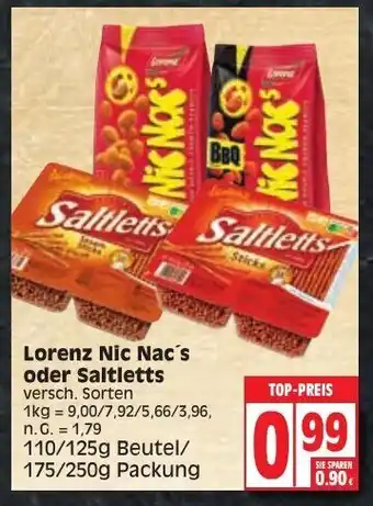 Edeka Lorenz Nic Nac's oder Saltletts 110/125g Beutel/175/250g Packung Angebot