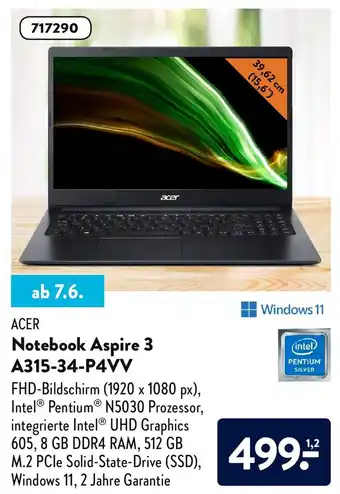 Aldi Süd Acer Notebook Aspire 3 A315-34-P4VV Angebot