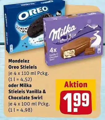 REWE Mondelez Oreo Stieleis Oder Milka Stieleis Vanilla & Chocolate Swirl Angebot