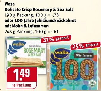 REWE Wasa Delicate Crisp Rosemary & Sea Salt 190 g oder 100 Jahre Jubiläumsknäckebrot mit Mohn & Leinsamen 245 g Angebot