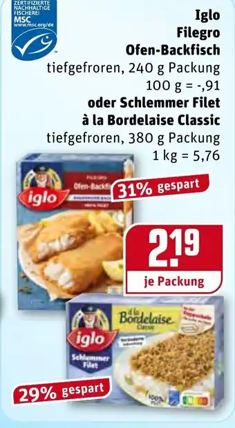 REWE Iglo Filegro Ofen Backfisch 240 g oder Schlemmer Filet à la Bordelaise Classic 380 g Angebot