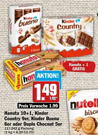 Hit Hanuta 10+1, Kinder Country 9er, Kinder Bueno 6er oder Duplo Chocnut 5er 117-242 g Packung Angebot