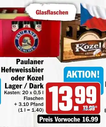 Hit Paulaner Hefeweissbier oder Kozel Lager/Dark 20x0,5 L Flaschen Angebot