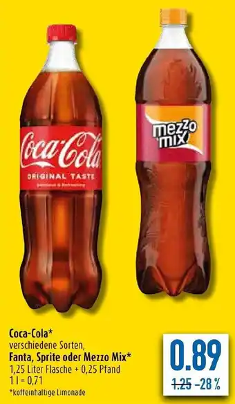 diska Coca-Cola, Fanta , Sprite oder Mezzo Mix 1,25 Liter Flasche Angebot