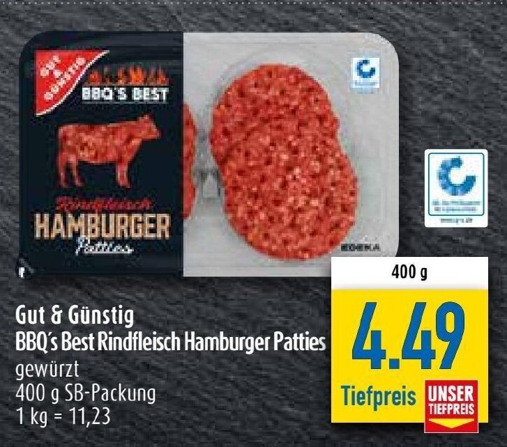 Gut & Günstig BBQ's Best Rindfleisch Hamburger Patties 400 g SBPackung