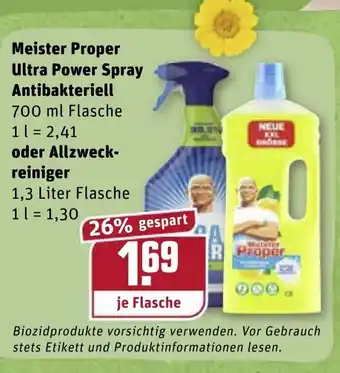 REWE Meister Proper Ultra Power Spray Antibakteriell 700 ml oder Allzweckreiniger 1,3 L Angebot