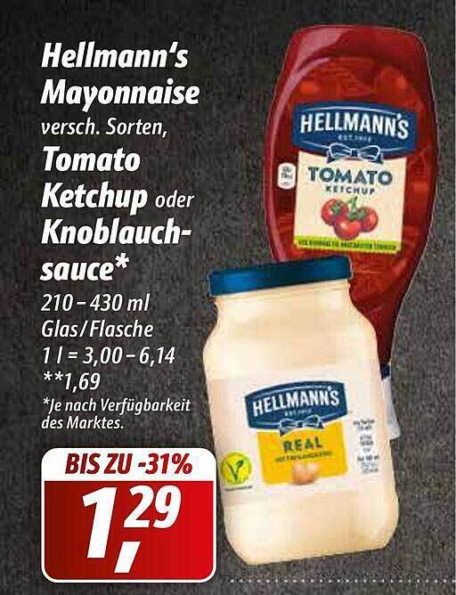 Hellmann's Mayonnaise Tomato Ketchup Oder Knoblauch Sauce Angebot bei