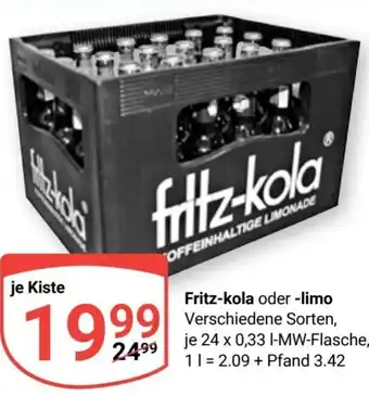 Globus Fritz Kola oder limo 24x0,33 L-MW Flasche Angebot