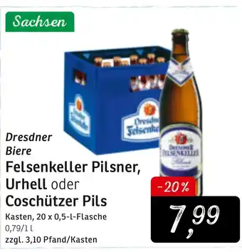 KONSUM Dresdner Biere Felsenkeller Pilsner, Urhell oder Coschützer Pils 20x0,5L Angebot