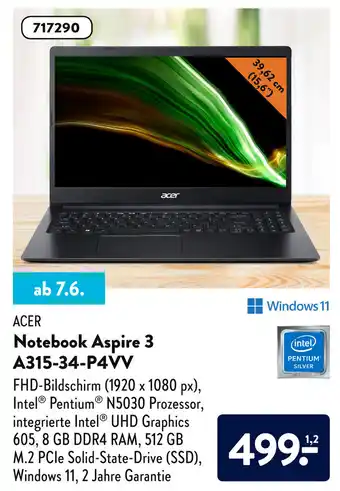 Aldi Süd Acer Notebook Aspire 3 A315-34-P4VV Angebot