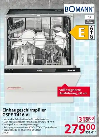 Selgros Bomann Einbaugeschirrspüler GSPE 7416 VI Angebot