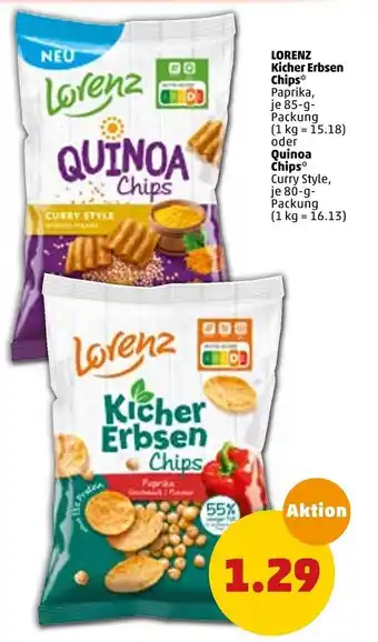 PENNY Lorenz Kicher Erbsen Chips 85 g oder Quinoa Chips 80 g Packung Angebot