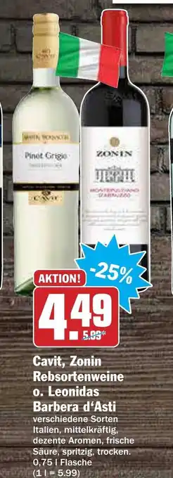 AEZ Cavit, Zonin Rebsortenweine o. Leonidas Barbera d'Asti 0,75L Angebot