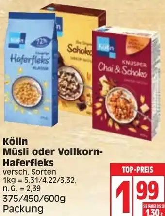 Edeka Kölln Müsli oder Vollkorn Haferfleks 375/450/600g Packung Angebot