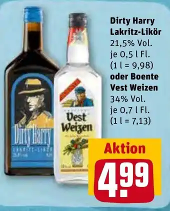 REWE Center Dirty Harry Lakritz Likör 0,5 L Fl. oder Boente Vest Weizen 0,7 L Fl. Angebot