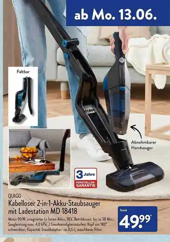 Aldi Nord Quigg Kabelloser 2in1-akku-staubsauger Mit Ladestation Md 18418 Angebot