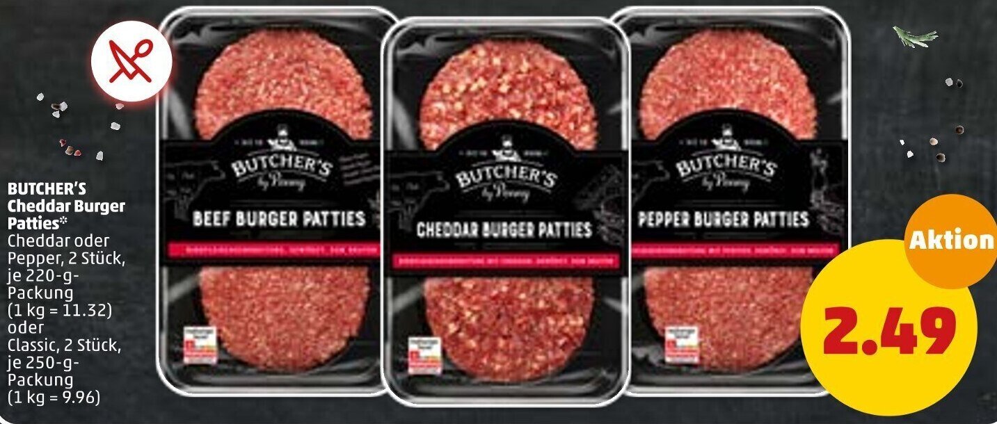 Butcher's Cheddar Burger Patties 220/250 g Packung Angebot bei PENNY