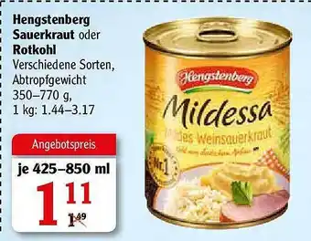 Globus Hengstenberg Sauerkraut oder Rotkohl Angebot