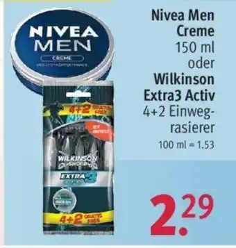 Rossmann Nivea Men Creme 150 ml oder Wilkinson Extra 3 Activ 4 + 2 Einwegrasiere Angebot