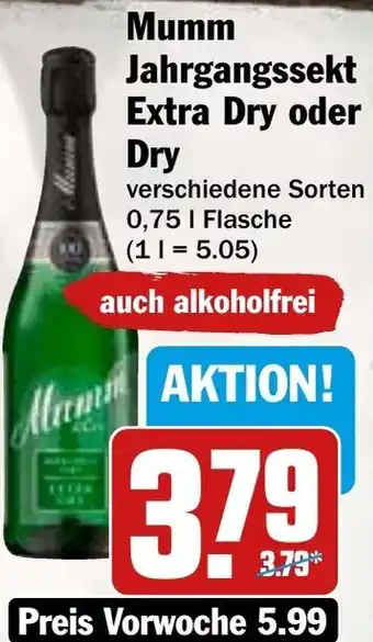 Hit Mumm Jahrgangssekt Extra Dry oder Dry 0,75 L Flasche Angebot