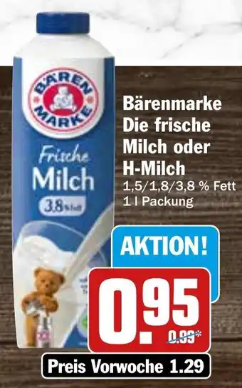 Hit Bärenmarke Die frische Milch oder H-Milch 1L Packung Angebot