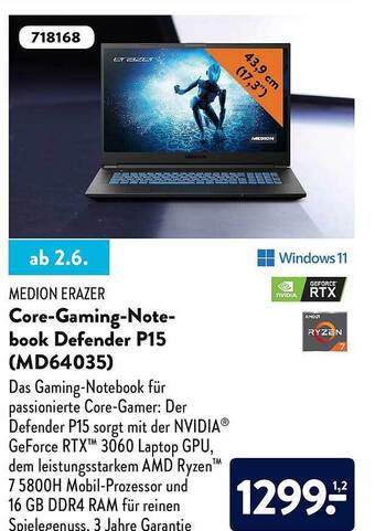 Aldi Nord Medion Erazer Core-gaming-notebook Defender P15 (md64035) Angebot