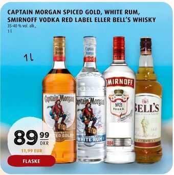 Captain morgan spiced gold, white rum, smirnoff vodka red label eller bell's whisky