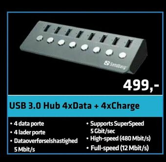 LabTech Data Usb 3,0 Hub 4xData + 4xCharge tilbud