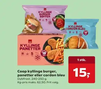 Dagli'Brugsen Coop kyllinge burger, panetter eller cordon bleu tilbud