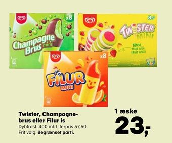 Kvickly Twister, Champagnebrus eller Filur is tilbud