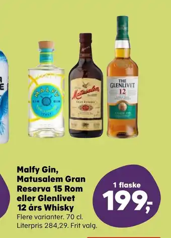Kvickly Malfy Gin, Matusalem Gran Reserva 15 Rom eller Glenlivet 12 års Whisky tilbud