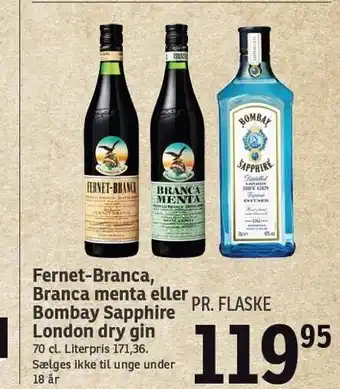 SPAR Fernet-Branca, branca menta el. Bombay Sapphire London dry gin tilbud