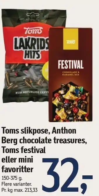 Føtex Toms slikpose, Anthon Berg chocolate treasures, Toms festival el. mini favoritter tilbud