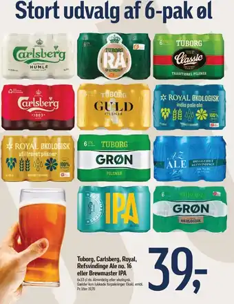 Føtex Tuborg, Carlsberg, Royal, Refsvindinge Ale no. 16 el. Brewmaster IPA 6-pak tilbud
