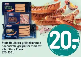 REMA 1000 Steff Houlberg grillpølser m. baconsvøb, grillpølser m. ost el. store Klaus tilbud