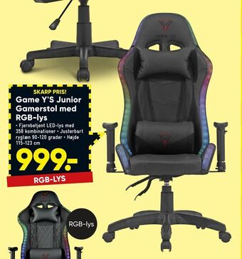 Bilka Game Y'S Junior Gamerstol med RGB-lys tilbud