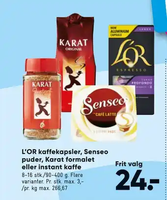 Bilka L'OR kaffekapsler, Senseo puder, Karat formalet eller instant kaffe tilbud