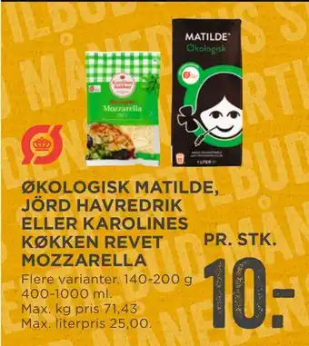 MENY Økologisk matilde, jörd havredrik eller karolines køkken revet mozzarella tilbud