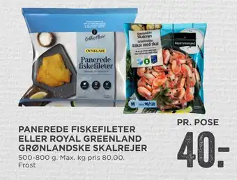 MENY Panerede fiskefileter eller royal greenland grønlandske skalrejer tilbud