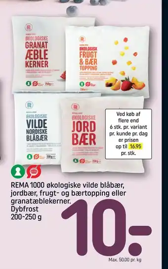 REMA 1000 REMA 1000 økologiske vilde blåbær, jordbær, frugt- og bærtopping eller granatæblekerner tilbud