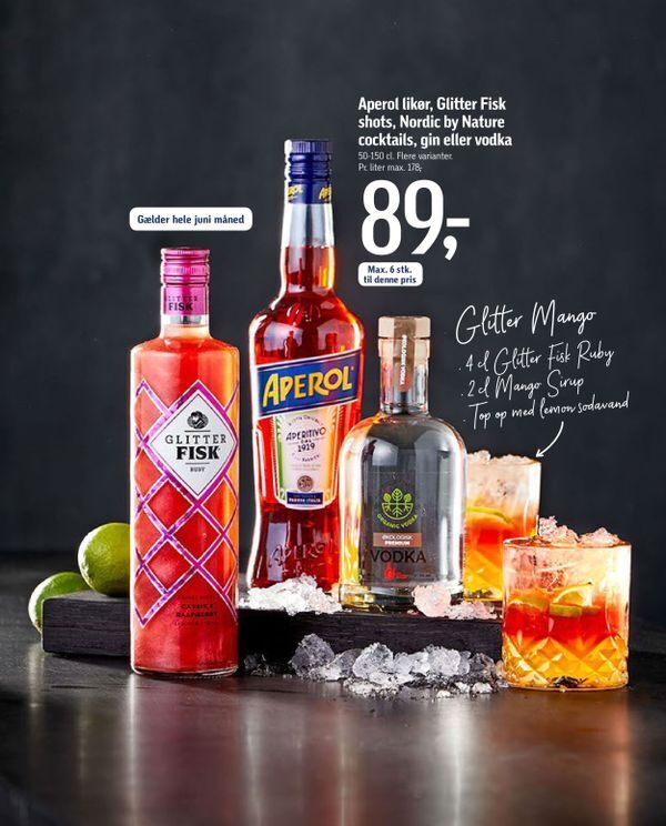 Aperol likør, Glitter Fisk shots, Nordic by Nature cocktails, gin eller